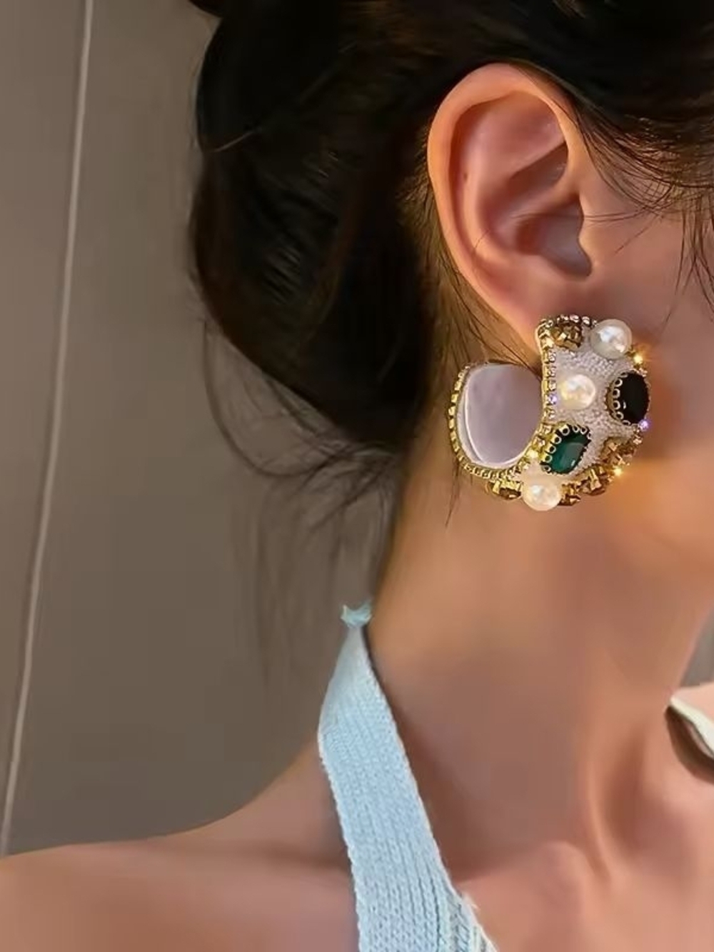 Gold Cluster Earrings with White Pearls and Green Accent - Picture 2 of 4